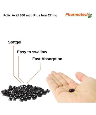 PHARMATECH Folic Acid Supplement 800mcg + Iron 27mg, Vitamin B9, Prenatal Folate, Fast Absorption - 250 Softgels - Buy Online on GoSupps.com