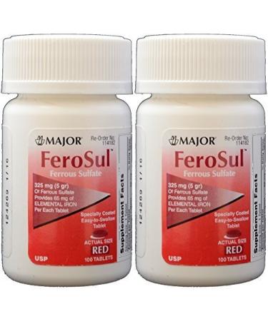 Ferrous Sulfate FC 325mg (5GR) Generic for Feosol Red Tablets 100 Tablets per Bottle 2 Pack Total 200 Tablets by Major Pharmaceuticals