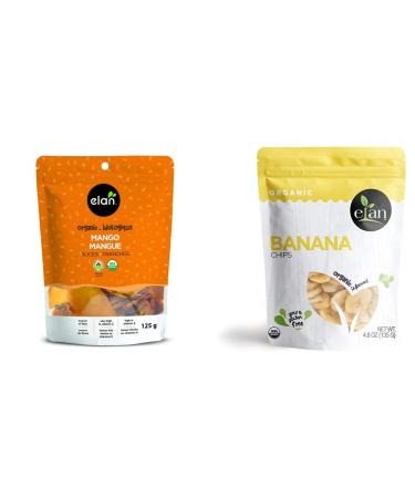 ELAN Organic Mango Slices No Sugar Added Non-GMO Vegan Gluten-Free Kosher 125 g & Organic Banana Chips Non-GMO Vegan Gluten-Free 135 Gram Mango Slices + Banana Chips