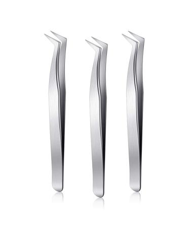 Desikixudy 3 Pieces Eyelash Grafting Tweezers Curved Tip False Eyelashes Suitable for Personal Eyelash Extender Silver