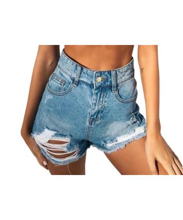UCK-KIT Women's High Rise Jeans Shorts Summer Ripped Jeans Shorts Fringe Shorts Hot Pants Light Blue MM Light Blue