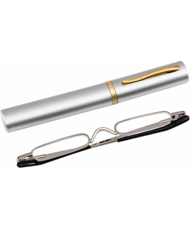 BILIZA Mini Slim Pen Reading Glasses - Portable Clip Case Compact Metal Frame Eyeglasses in Gray (1.0X) - International Shipping Available - Buy Online on GoSupps.com