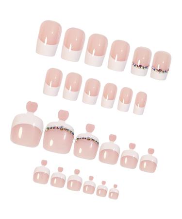 White Rhinestone French Tip Press on Toenails - 48Pcs Full Cover False Nails for Women - Buy Online on GoSupps.com