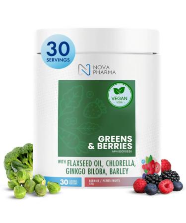 Nova Pharma Greens & Berries - 100% Organic Greens Superfood Powder Rich Vitamins Fiber Omega-3 Fatty Acids Boosts Immune System Detoxifies Digestive System - Lactose-Free GMO-Free - 30 Servings