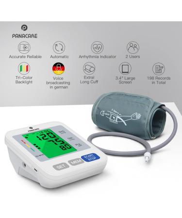 Panacare 2.0 Fully Automatic Upper Arm Blood Pressure Monitor - 3-Colored Large Display Backlight 2 Users 198 Data Sets Cuffs 22-42cm - German Language - Silver - Buy Online on GoSupps.com