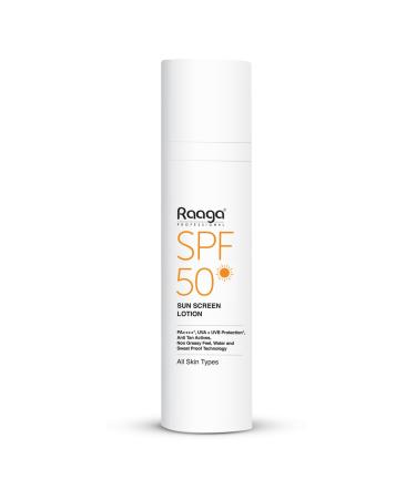 Raaga Sunscreen Lotion SPF 50 Broad Spectrum UVA and UVB Lightweight Non Greasy Water Resistant 1.86 Fl Oz 55ml