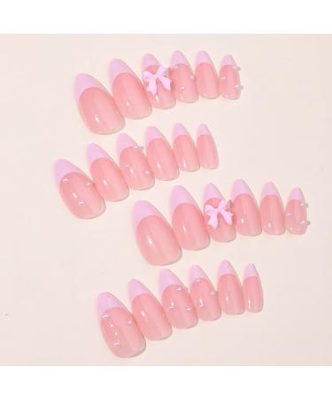 24Pcs Cute Pink French Press On Nails - Almond Shape Bow & Pearl Design - Luxury False Nails for Women - Full Cover Acrylic Manicure Accessories - Buy Online on GoSupps.com