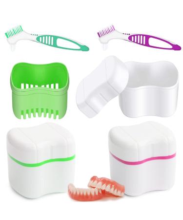 Hongecb prosthesis box denture case prostheses container for incorrect teeth storage cleaning for orthodontic box 2 pieces of braces + 2 prostheses cleaner brushes green + pink