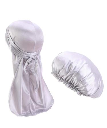 2pcs/set Durag and Bonnet Long Tail Satin Doo Rag Elastic Sleep Cap Solid Color One Size Gray
