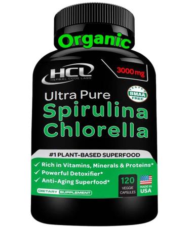 Chlorella Spirulina Powder Capsules Organic - 3000 mg of BMAA Free Purest Blue Green Algae - Best Raw Vegan Protein Green Superfood Broken Cell Wall  Made in USA