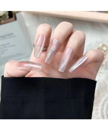 Temperament manicure pure hand-worn three-dimensional relief pattern nude silver star white long.(S) - Buy Online on GoSupps.com