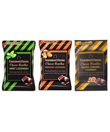 Fisherman's Friend Choco Mentho Sugar Free Lozenges Variety Set | Mint Salted Caramel and Orange Flavour sugar free throat sweets