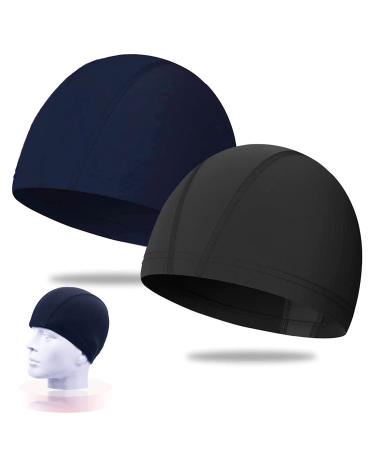 2 pieces of elastic bath cap for adults comfortable fabric swimming pools soft unisex bathing cap ear protection swimming cap swimming cap light bathing hood for men long short hair dark blue black