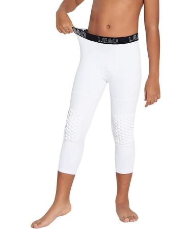LEAO Youth Boys 3/4 Compression Pants with Knee Pads Cool Dry Basketball Tights Sports Capri Leggings White Small - Buy Online on GoSupps.com