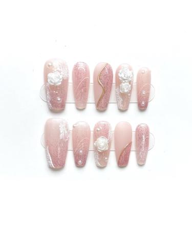 Handmade Wearing Armor Detachable Pink Heart Sparkling Cat Eyes Repeated Use of False Nails(Pink XS)