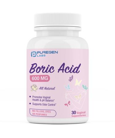 Puregen Labs Boric Acid 600 mg Vaginal Suppositories - 100% Pure | All Natural Without Dyes or Fillers | Made in USA - Supports Vaginal pH Balance and Odor Control (30 Count)