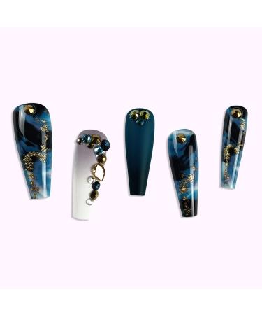 Dark Blue Marble Luxury Coffin Fake Nails - Glitter Wave Rhinestone Design for Women and Girls | Long Press-on Artificial Nails - Buy Online on GoSupps.com