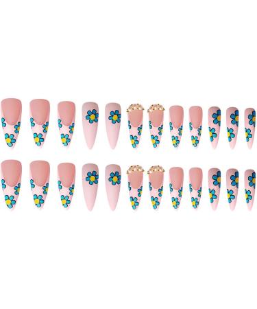 French Tip Press on Nails - Long style droplet shaped fake nailsPress On Nails with Nail Tips Blue small flower studded diamond false nails press on nails Acrylic False Nails Cute Artificial Nails - Buy Online on GoSupps.com