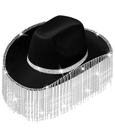 Rhinestone Cowgirl Hat Bling Diamond Fringe Cowboy Hat Western Hat Glitter Cowboy Hat for Men Women Cosplay Party Costume Black Fresh Style