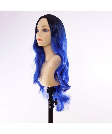 Ombre Blue Long Wavy Hair Wig for Women | Synthetic No Lace Cosplay & Halloween Costume Wig | Heat Resistant Dark Roots Blue Wig - Buy Online on GoSupps.com