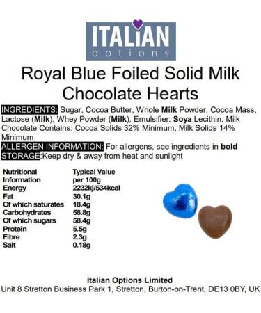 Italian Options Milk Chocolate Hearts 250 grams approx 41 Pieces Royal Blue Foil Milk Choc 250g Royal Blue - Buy Online on GoSupps.com