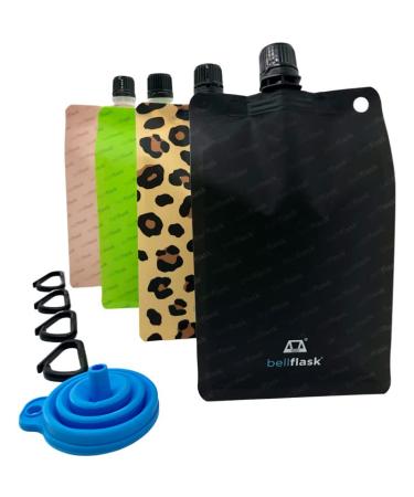 BellFlask Reusable 15 oz Flask Patented Metal-Free Plastic Liquor Hydration Travel Vacation Sports Concerts Cruises With Filling Funnel & Carabiner Mixed Variety Pack of 4 Flasks Matte Black, Tropical Green, Leopard Print, and Rose Gold 4