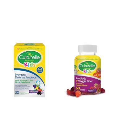 Culturelle Immune Defense Probiotic with Vitamin C Vitamin D and Zinc + Elderberry & Daily Probiotic for Kids + Veggie Fiber Gummies (Ages 3+) Super Berry + Probiotic 60 Count 30 Count (Pack of 1)