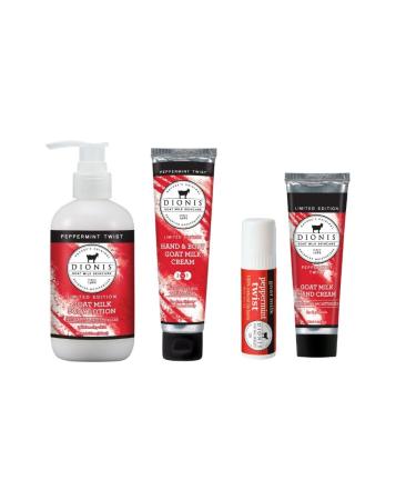 Dionis Holiday Favorites Includes Peppermint Twist Scented Lotion (8.5 oz) Hand & Body Cream (3.3oz) & Hand Cream + Lip Balm Set (1 oz and .28 oz)