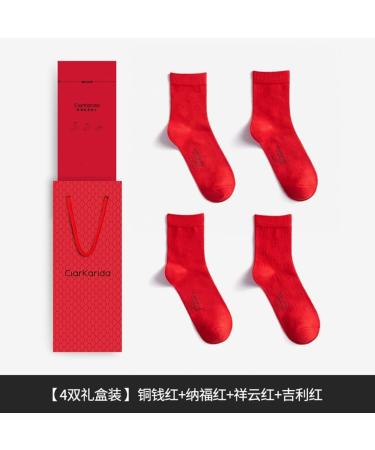 Chinese New Year Red Socks - 4 Pairs Ladies Mid-Tube Stockings | Thick Pure Cotton, Comfortable & Durable | Size 34-39 Red-b - Buy Online on GoSupps.com