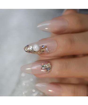 24pcs 3D Rhinestone Pearls Press On Nails - Shiny Medium Almond | International Shipping - Buy Online on GoSupps.com