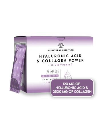 Hyaluronic Acid 120mg + Collagen 2500mg + Vitamin C + coq10. Collagen Supplements for Women. High Dosage. Blueberry Flavour. Reduces Wrinkles Moisturises and Rejuvenates. N2 Natural Nutrition Hyaluronic Acid & Collagen Power (sachets)