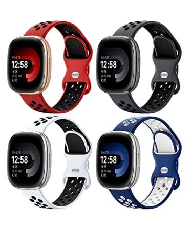 Maledan 4 Pack Sport Band Compatible for Fitbit Versa 3/Versa 4/ Fitbit Sense/ Sense 2 Bands Women Men Soft Wristband Replacement Accessories for Fitbit Versa 3/4 and Sense/ Sense 2 Smart Watch Band Coal Black/Red Black/ Navy White/ White Black L: 7.1"-8.