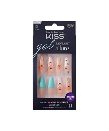 KISS False Nails Kit Gel Fantasy Allure Ready to Wear Gel & Sculpted Nails Stick and Glue Included X-Long Length Coffin Shape with Color Changing Accent Long-Lasting Hottest Trend Glue on Nails Eyes Closed