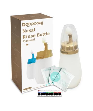 Soft Tip Neti Pot Squeeze Bottle Nasal Wash Bottle Neti Pot Sinus Rinse Pressure Irrigation with Thermometer Sticker for Adult & Kid 300ml with 30 Nasal Wash Saline Packets (Tea Colored)