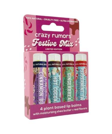 Crazy Rumors Festive Mix - Gingerbread Hot Cocoa Cinnamon Bun + Peppermint Twist - 4 Pack Lip Balm
