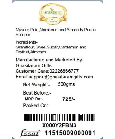 Ghasitaram Gifts Indian Sweets - Diwali Gifts Diwali Hamper Sweet Hampers - Mysore Pak Namkeen and Almonds Pouch Hamper - Buy Online on GoSupps.com