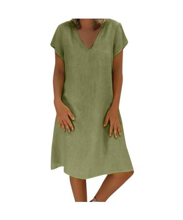 Women's Cotton Linen Tunic Dress Flowers Embroidered Maxi Dress Short Sleeve V Neck Plus Size Summer Mini Tunic Dress Green Medium