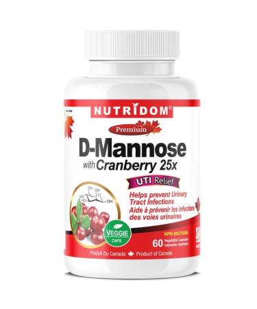 Nutridom D-Mannose 500mg with Cranberry 25x 200mg (5 000mg QCE) UTIs Relief Helps Prevent Urinary Tract Infections Non-GMO Vegan Gluten Free (60 Veggie Capsules)