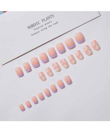 Foccna French Tip Purple Fake Nails - 24pcs Square Acrylic False Nails with Flower Design for Women and Girls - Buy Online on GoSupps.com