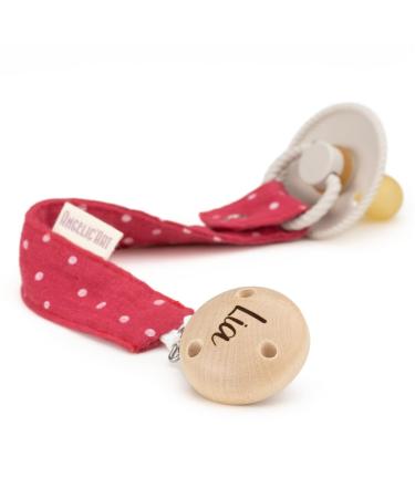 AngelicArt pacifier strap with engraved name for boys and girls - large selection of colors - gift for baby (fuchsia-dotted)