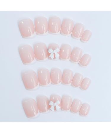 Buy Pink Press on Nails - Short Square Fake Nails with White French Tips & Bow Nail Charms | 24 Pcs Glossy Nude Pink Acrylic Designs for Daily Wear - Buy Online on GoSupps.com