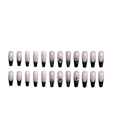 MISUD Long Coffin Press on Nails with Punk Designs - Black French Tip Ballerina Acrylic False Nails | 24 pcs Rhinestone Glossy Glue on Nails - Buy Online on GoSupps.com