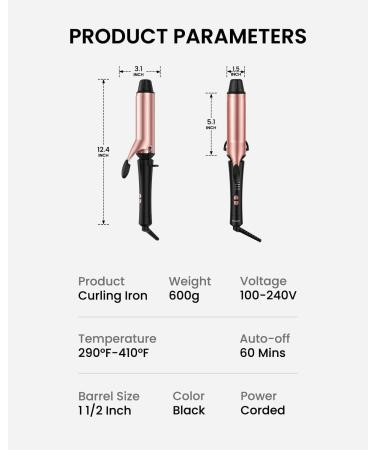 1.5 Inch Large Barrel Curling Iron for Long Hair | Ceramic Big Curls | Adjustable Temp Control | Dual Voltage | Automatic Shut-off - Buy Online on GoSupps.com