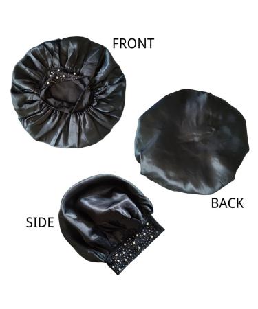 Silk Satin Bonnet Sleep Cap for Women with Pearls & Rhinestones - Black - Buy Online on GoSupps.com