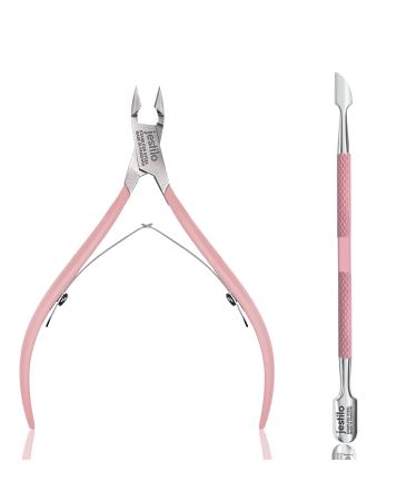 Jestilo Cuticle Remover Tool Set with Cuticle Cutter and Cuticle Pusher - Stainless Steel Professional Cuticle Nipper and Pusher Nail Care Tools for Salon and Level Mani-Pedi at Home - Silver (Pink)