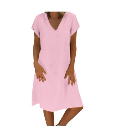Linen dress ladies summer -summer dress women knee long --t shirt dress women big sizes casual loose blouse dress linen single -colored vintage v neckline clothes leisure dress shirt dress *x rosa -a 3xl