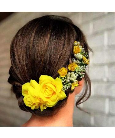 SHREEMEE Women's Hair Pins Clips Hair Buns HairStyles Artificial Flowers Accessories For Weddings Yellow - Buy Online on GoSupps.com