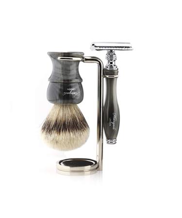 Haryali London Men's Shaving Set with Double Edge Safety Razor Silver Tip Badger Brush and Stand