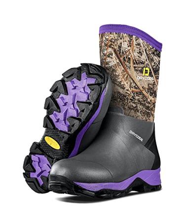 DRYCODE Rubber Boots for Women, 4.5mm Neoprene Insulated Rain Boots, Waterproof Mid Calf Mud Work Boots for Womens Hunting, Water Fishing, Farming, Garden 8 Purple Camo