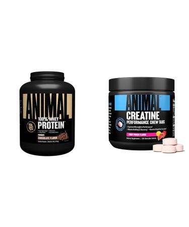 Animal Whey Protein Powder and Creatine Chews Tablets Bundle - Chocolate Flavored 4 lb Protein and Fruit Punch Flavored Creatine for Pre/Post Workout